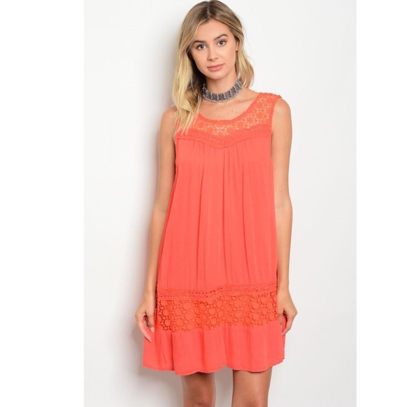 Soieblu Dresses & Skirts - Coral Sleeveless Crochet Shift Dress